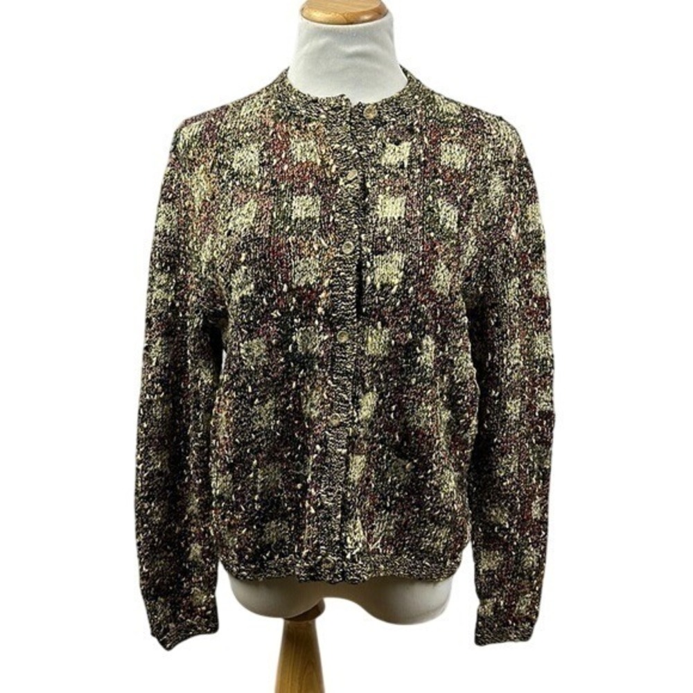 South Cotton Hand Knit Textured‎ Plaid Button Up Cardigan Women's Size L